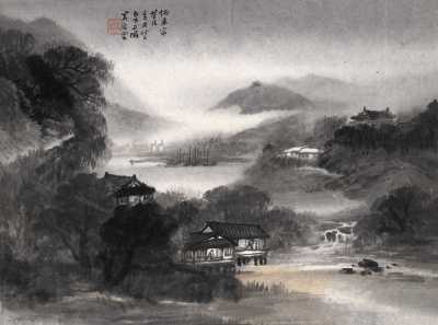吴石僊 1901年作 烟蒙夜雨 镜心